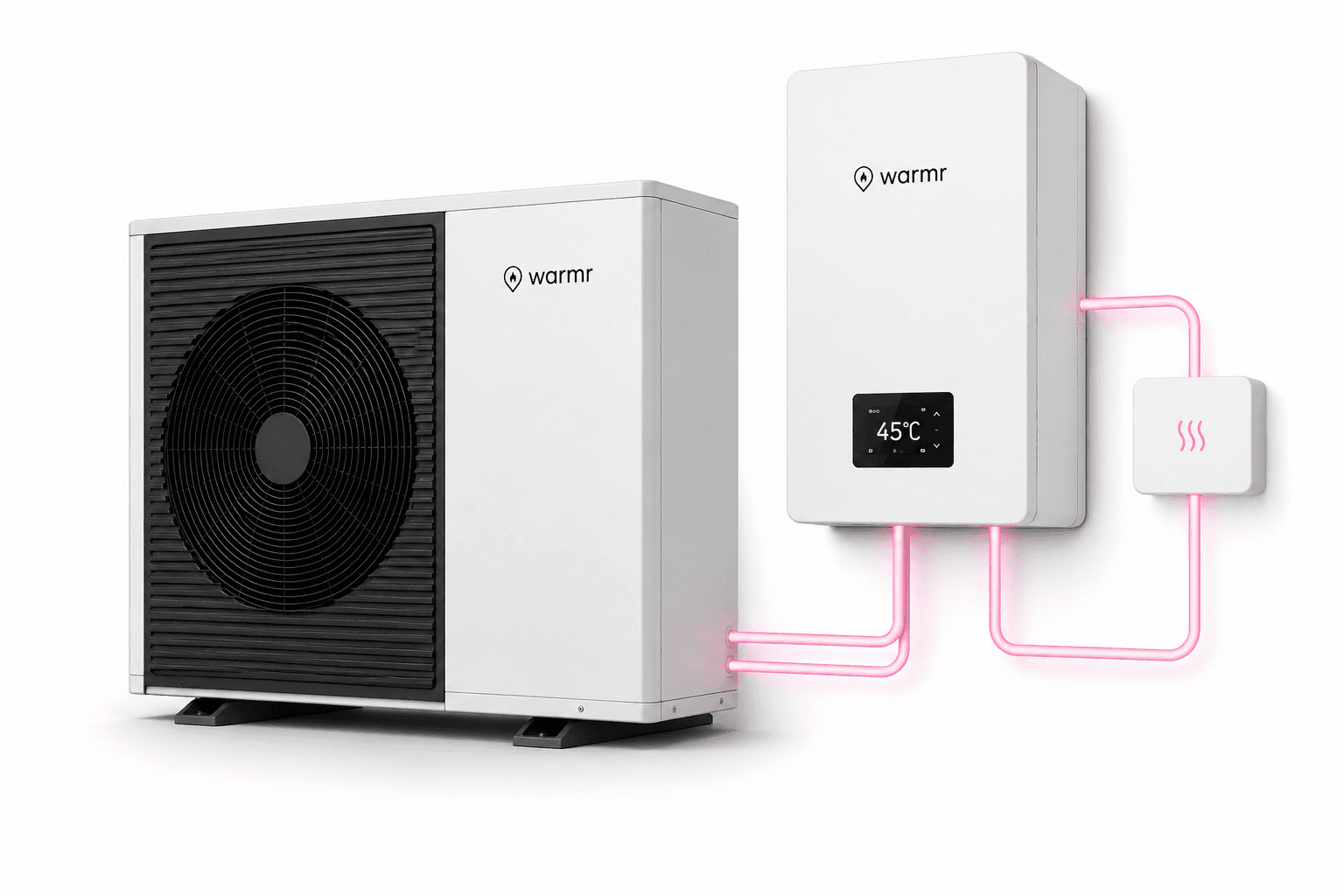Warmr air source heat pump unit outside a UK home