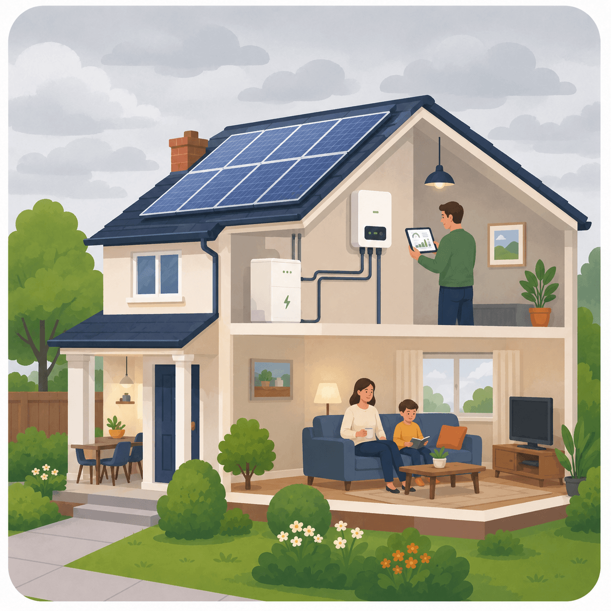 Family relaxing in a solar-powered home