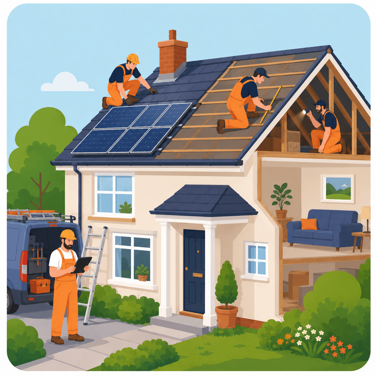 Warmr installers fitting solar panels with a branded van